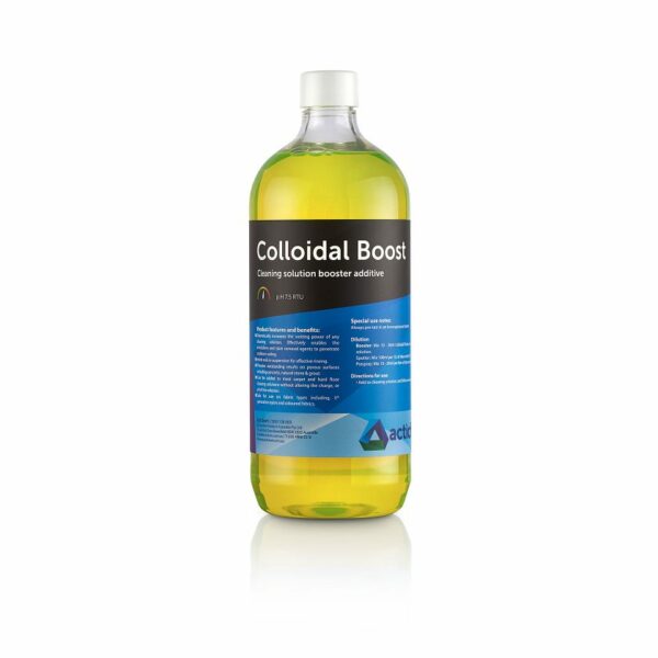 Image description: A clear 1L bottle of Colloidal Boost, a cleaning booster additive, with a label displaying the product name and relevant information. The bottle features a secure cap and a sleek design, indicating its professional-grade quality.