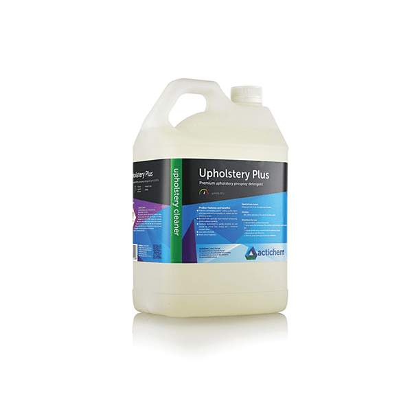 A 5L container of Upholstery Plus, a professional-grade upholstery prespray detergent. Contains overall picture of label and size of the container, with a easy-to-hold-handle.