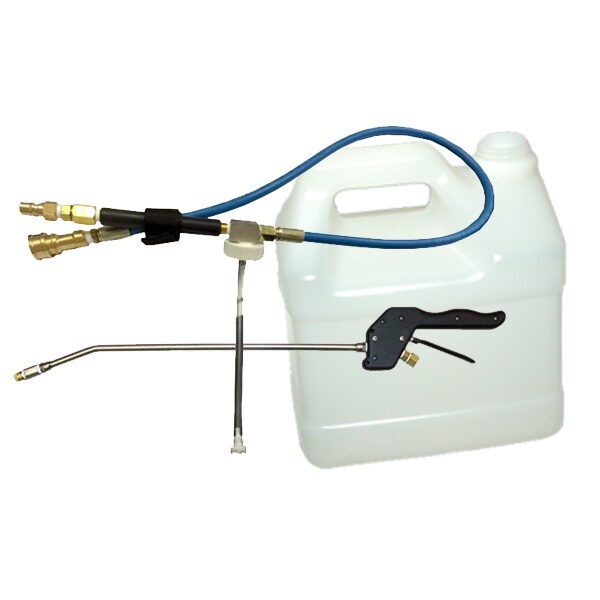 installed on a medium sized solution chemical bottle (used for carpet prespray), and connected to a steam cleaning truck mount via solution hosing, this becomes a powerful sprayer.