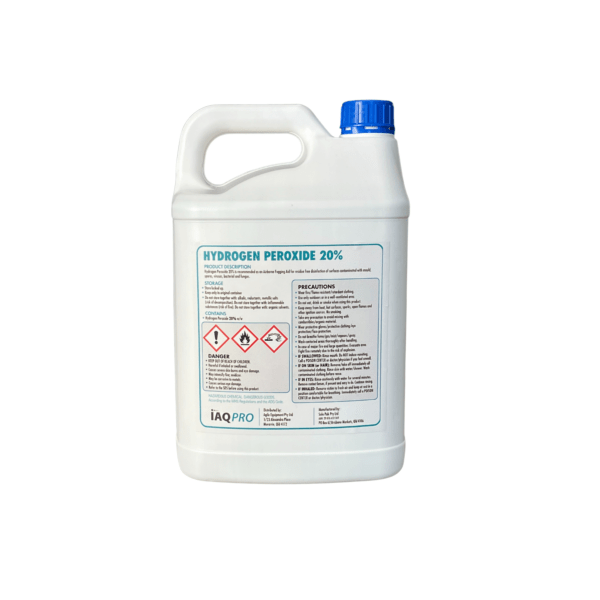 An image of IAQ Hydrogen Peroxide 20% 5L, a powerful oxidising agent that helps remove stubborn stains down to the molecular level. It is a white opaque 5l pottle with a blue cap screw on cap. Front label is visible.