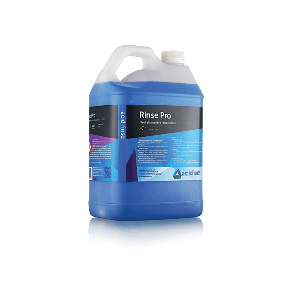 An image of Actichem Rinse Pro 5L bottle, with label visible and a blue liquid inside the translucent container.
