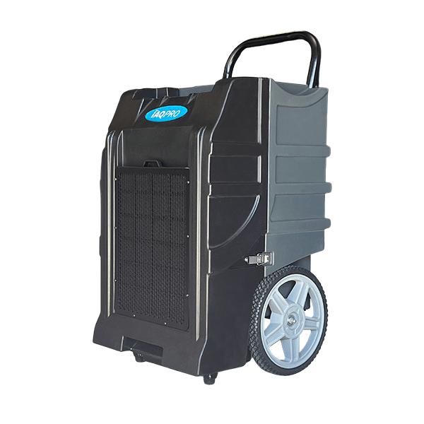 A sleek and compact grey IAQ Pro Midas 70L LGR Dehumidifier, designed for efficient moisture removal and water damage restoration. The image showcases the durable construction and convenient features of the dehumidifier, such as removable and washable filters, a thermostat defrost control, and a splash guard switch