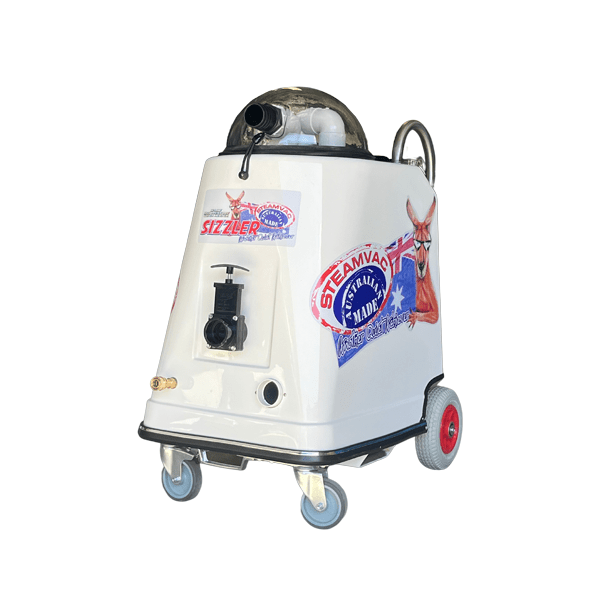 The SteamVac Max 220 is a reliable & portable steam cleaning machine that can clean carpet and upholstery. This picture shows the Max 220 sizzler model from the front, on 2 caster wheels and 2 large rubber wheels, with 2 metal hands to push it with.