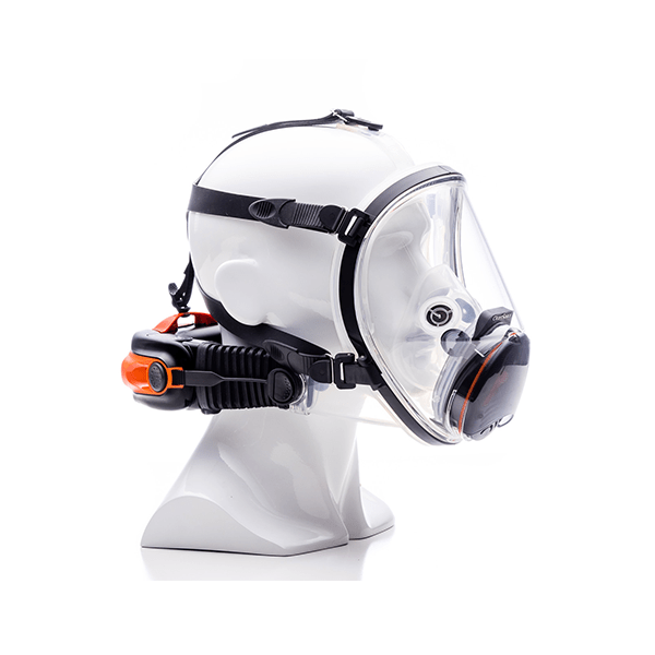 An image of Clean Space CST1017 full face mask attached to a head harness and a PAPR. It is sitting on a model head to showcase how it fits.