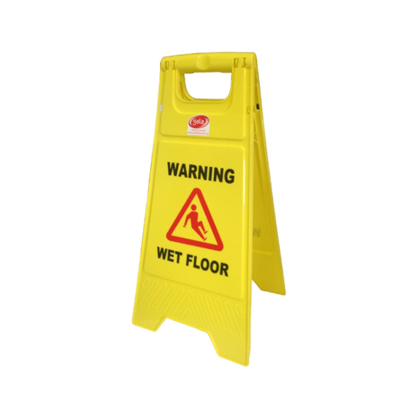 This picture depicts the yellow wet floor sign, built as an A-frame that can be packed down flat for easy storage.