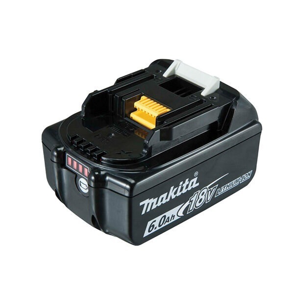 The Makita BL1860B-L 18V 6.0ah Battery has a battery level gauge on the front, and a quick release button.