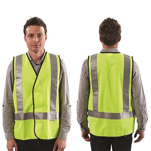 An image of the ProChoice Safety Gear Safety Vest with reflective tape, for high visibility at construction sites and road adjacent works.
