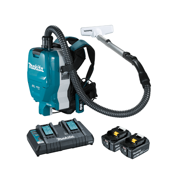 The DVC261tx13 Makita 2x18v Brushless Backpack Vacuum includes both a charger and 2 batteries that it runs on.