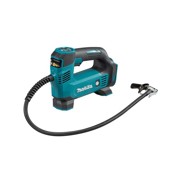 A picture of the Makita 18V Max Inflator MP100DZ, showing its air nozzle, sturdy grip, attached battery and sturdy chassis.