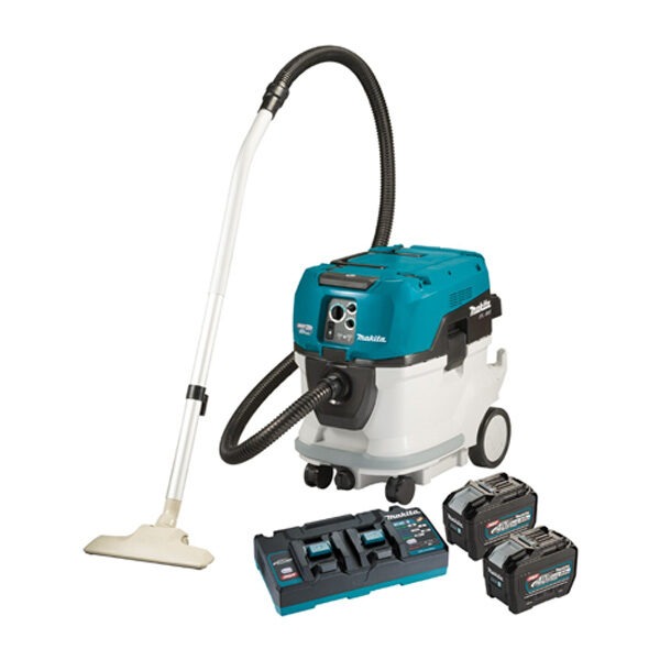 The Makita VC006GML21 80V Vacuum Kit includes the vacuum, 2 40V batteries and dual rapid charging 40V charger, along with all the standard accessories.
