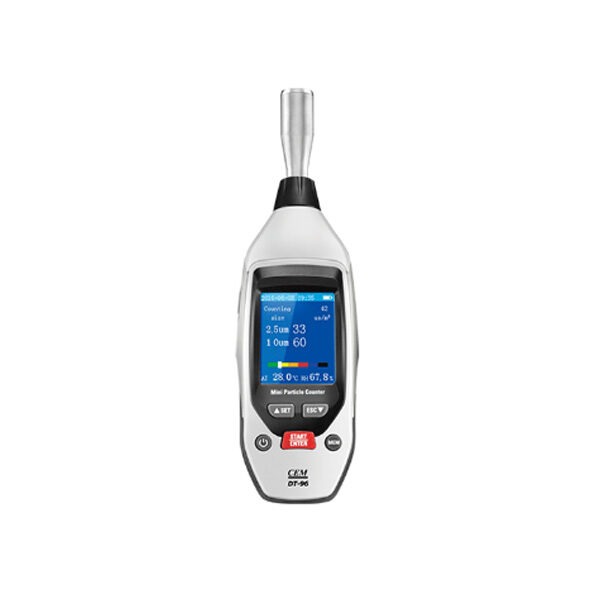 The DT-96 mini particle meter is a compact meter used to measure particle count in the channels of 2.5 microns and 10 microns.