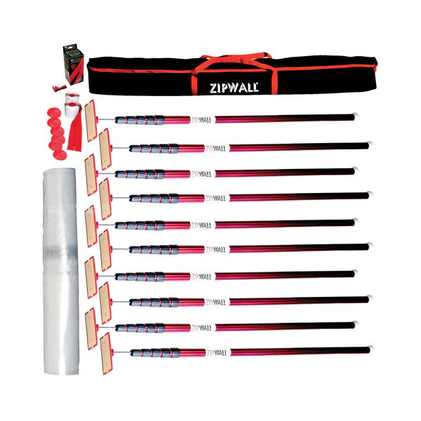This is an image of the Zip Wall Super-tall pole 10-pack, which includes a carry bag, 50m of containment sheeting and self-adhesive zippers (pictured)