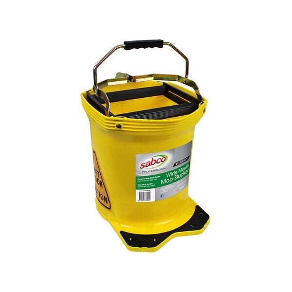Bright yellow Sabco Wide Mouth Mop Bucket with a sturdy black handle and wringer, designed for easy mop maneuverability and efficient water extraction.