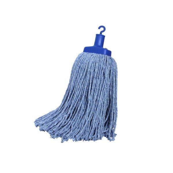 The Sabco Ultimate ProClean Mop Head features durable blue synthetic yarn strands for effective cleaning and a heavy-duty plastic ferrule with a convenient hanging hook for easy drying.