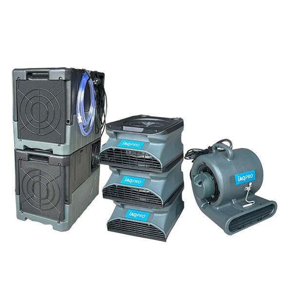 The small water damage restoration bundle by IAQ Pro consists of 3 x ventus air movers, 2 Midas Minis & one Nova centrifugal air mover.