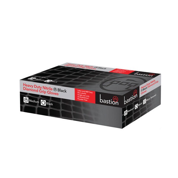 This is a picture of the 50-pack of heavy duty nitrile diamond grip gloves with red grey and black packaging. The packaging shows its size, features logo & title.