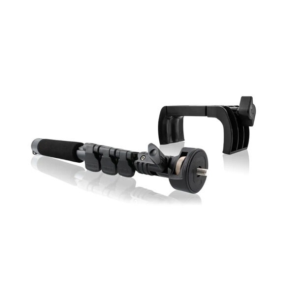 This is a picture of the Tramex E5-HBS extension handle and bracket. It looks very similar to a selfie stick. It is telescopic and uses a bracket to hold the tramex.