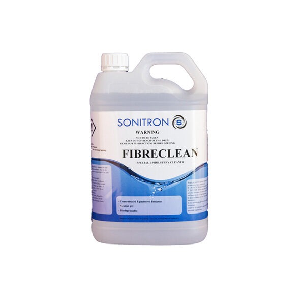 A picture of Sonitron Fibreclean in a 5L bottle, with the label visible: white & blue.