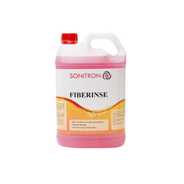 This is a picture of the 5L Fibrerinse Sonitron bottle, with the label visible, a white and orange decal and red cap.