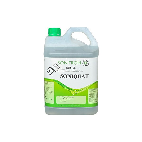 A picture of Sonitron's Soniquat, an antimicrobial treatment. It has a green and white label with a green cap.