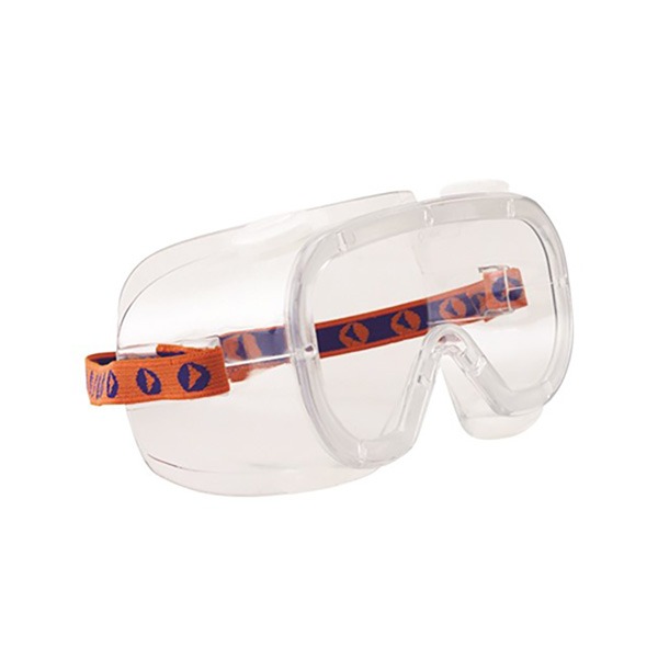 A picture of the Supa-Vu Goggles by Pro Choice, showing its clear lens and orange foam band.